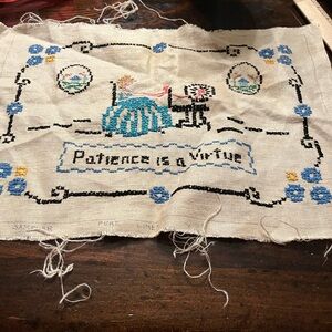 Handmade Blue Cross-Stitch Wall Art - "Patience is a Virtue"